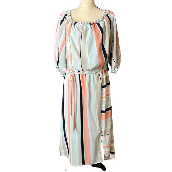 Luxology Off the Shoulder Green, Orange and Pink Striped Dress, NWT, Size XL - Picture 1 of 6